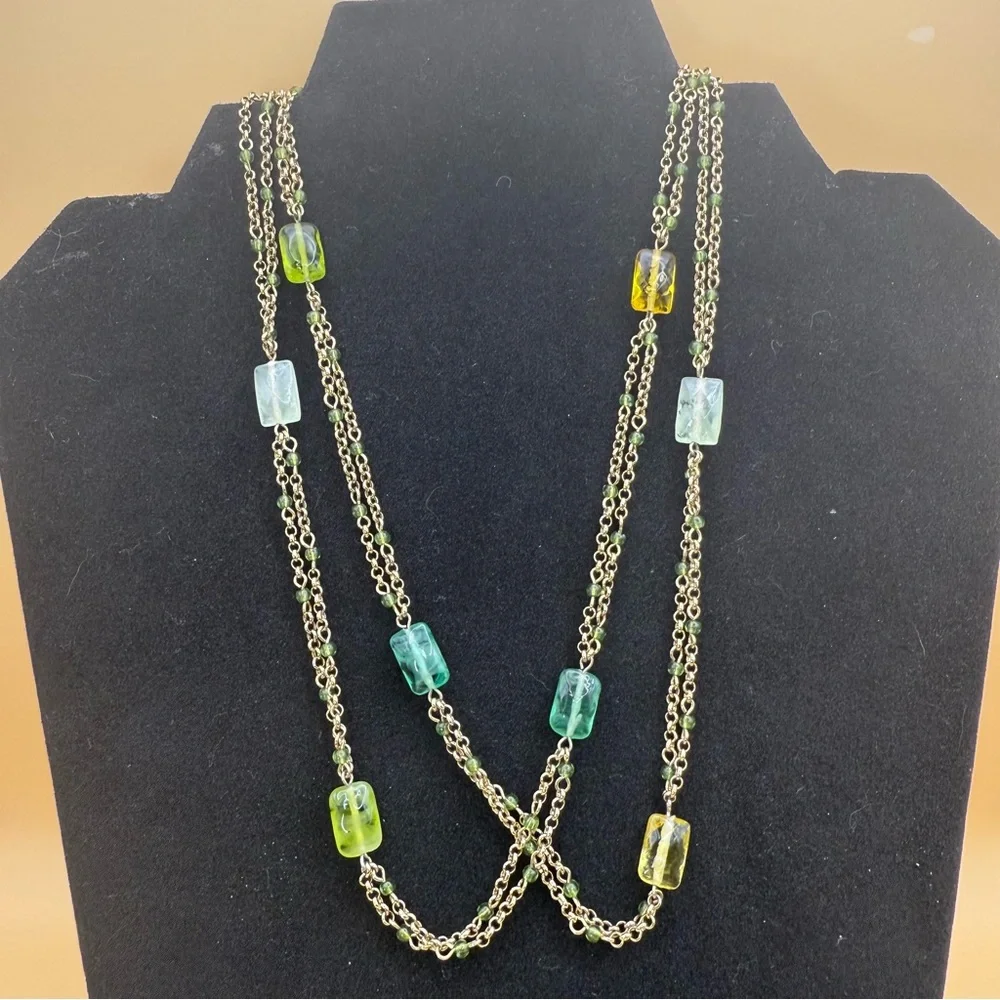 Vintage Monet 36” Gold Tone Necklace Multi Color Glass Beads Chain - Picture 2 of 9